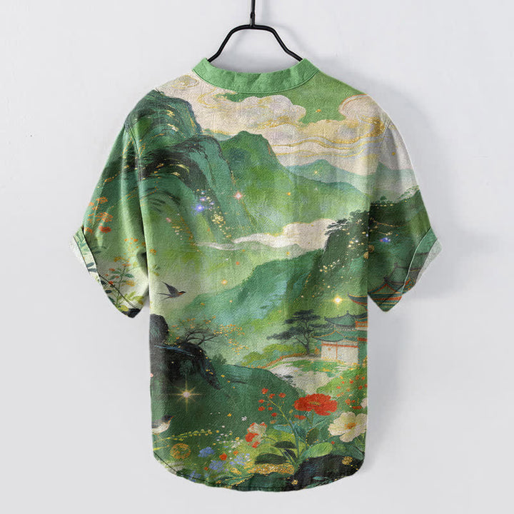 Buddha Stones Camisa de manga corta con medio botón para hombre, de algodón con estampado de paisaje lavado a la tinta. - image 6