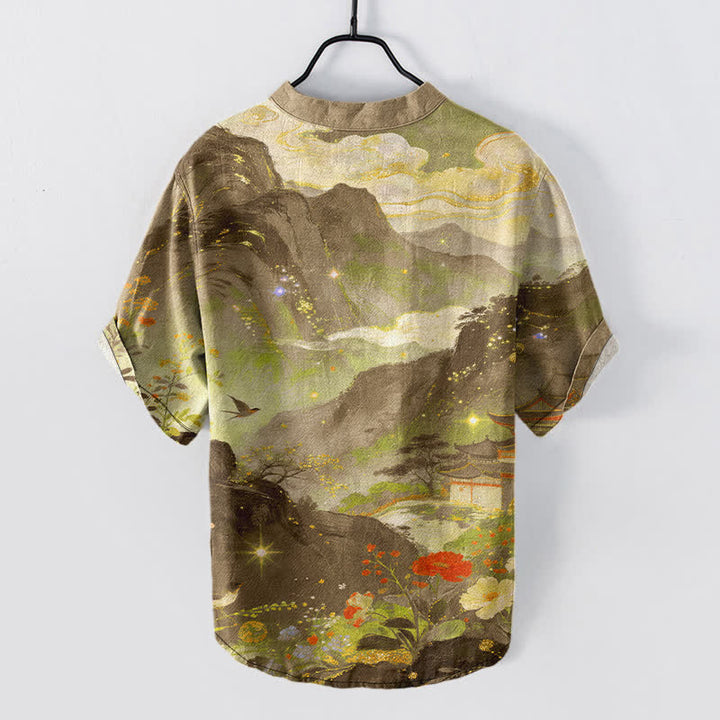 Buddha Stones Camisa de manga corta con medio botón para hombre, de algodón con estampado de paisaje lavado a la tinta. - image 8