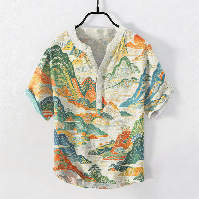 Buddha Stones Camisa de manga corta con medio botón y estampado abstracto de paisaje montañoso para hombre, de algodón. - Marfil - US/UK/AU50, EU60 (5XL) - image 0