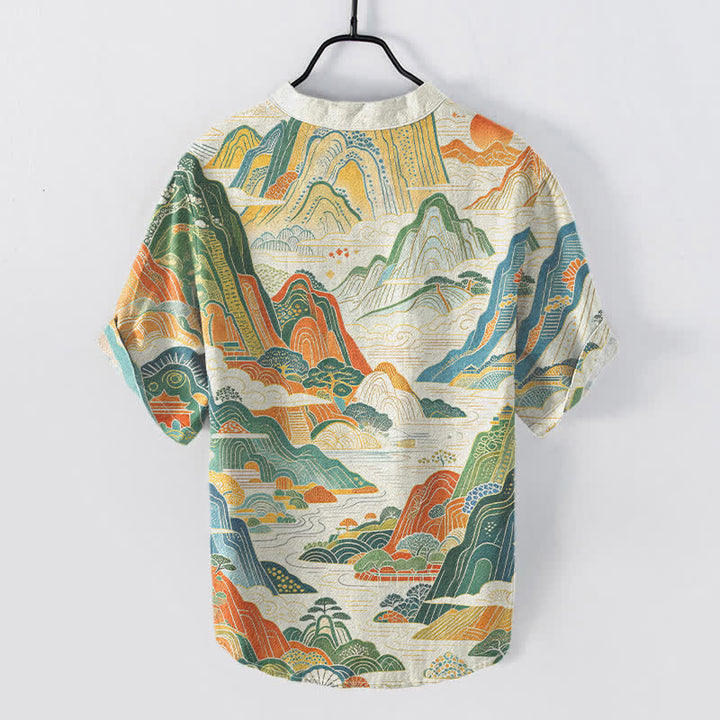 Buddha Stones Camisa de manga corta con medio botón y estampado abstracto de paisaje montañoso para hombre, de algodón. - image 1