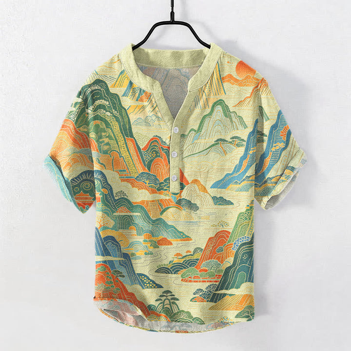 Buddha Stones Camisa de manga corta con medio botón y estampado abstracto de paisaje montañoso para hombre, de algodón. - Limón Chiffon - US/UK/AU50, EU60 (5XL) - image 3