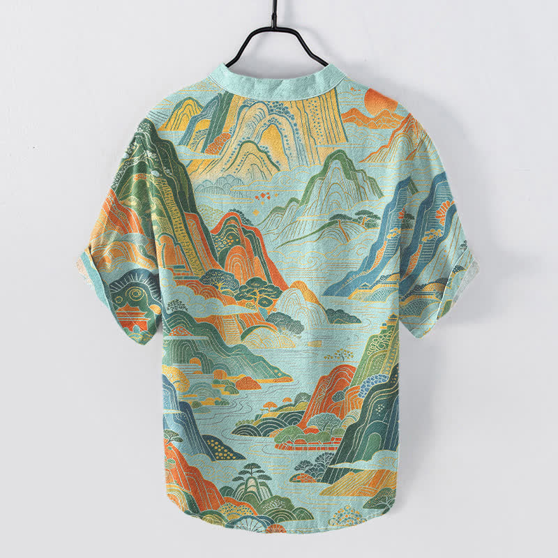 Buddha Stones Camisa de manga corta con medio botón y estampado abstracto de paisaje montañoso para hombre, de algodón. - image 6