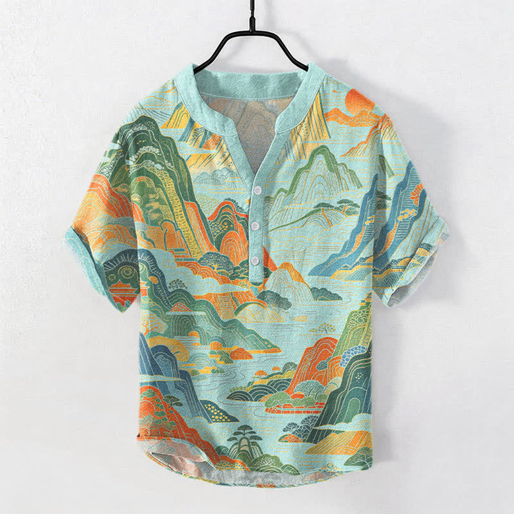 Buddha Stones Camisa de manga corta con medio botón y estampado abstracto de paisaje montañoso para hombre, de algodón. - Turquesa pálido - US/UK/AU50, EU60 (5XL) - image 5