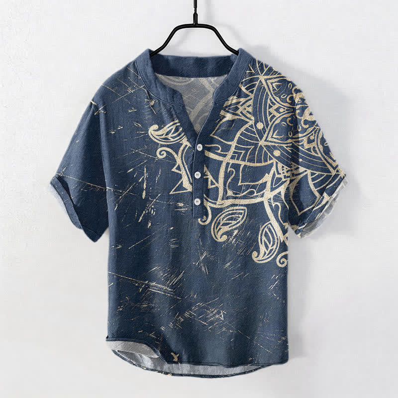 Buddha Stones Camisa de manga corta con medio botón y estampado floral de mandala vintage de algodón para hombre - Marina de guerra - US/UK/AU50, EU60 (5XL) - image 0
