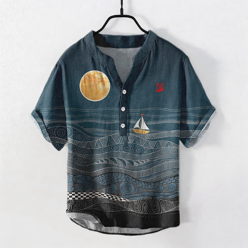 Buddha Stones Camisa de manga corta con medio botón para hombre, de algodón, con estampado de veleros y olas del océano. - Verde azulado - US/UK/AU50, EU60 (5XL) - image 0