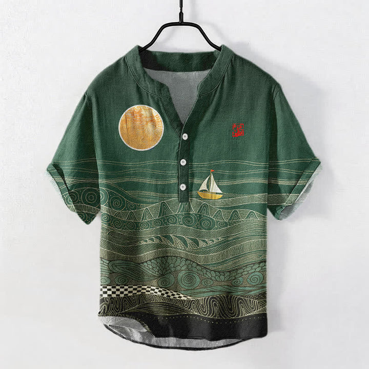 Buddha Stones Camisa de manga corta con medio botón para hombre, de algodón, con estampado de veleros y olas del océano. - Verde bosque - US/UK/AU50, EU60 (5XL) - image 5