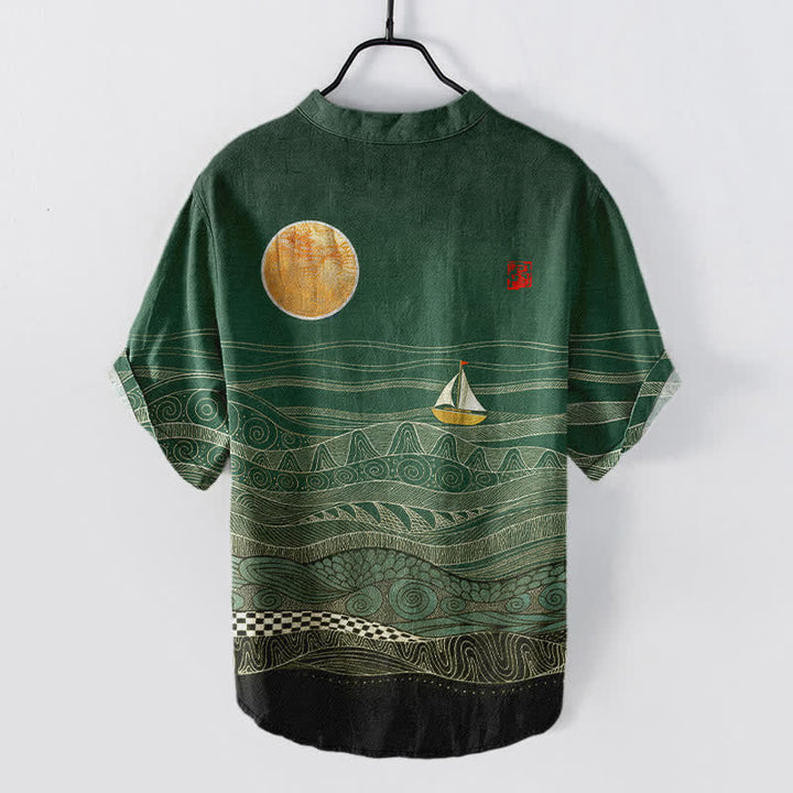Buddha Stones Camisa de manga corta con medio botón para hombre, de algodón, con estampado de veleros y olas del océano. - image 6
