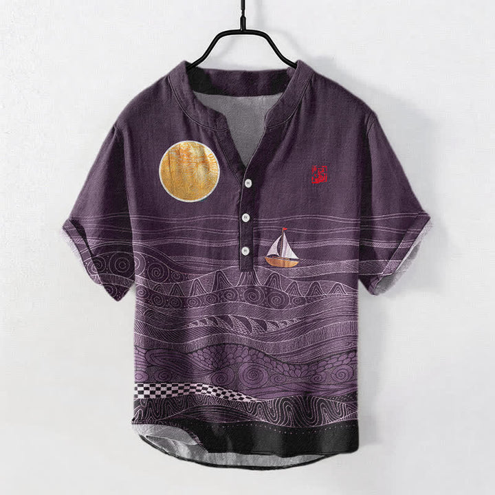 Buddha Stones Camisa de manga corta con medio botón para hombre, de algodón, con estampado de veleros y olas del océano. - Púrpura - US/UK/AU50, EU60 (5XL) - image 7