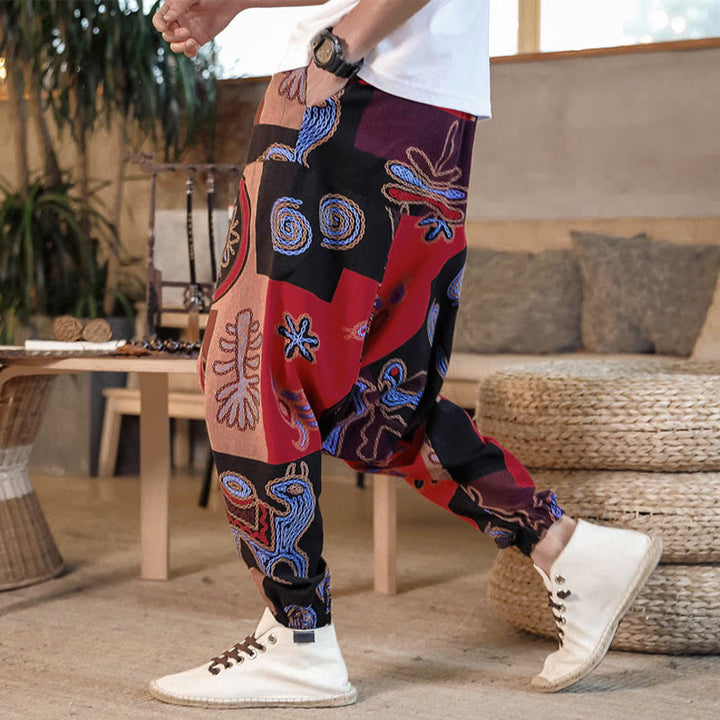 Pantalones harem cortos de algodón para hombre con estampado floral y de Buddha Stones, con bolsillos. - Rojo - US/UK/AU42, EU52 (3XL) - image 0