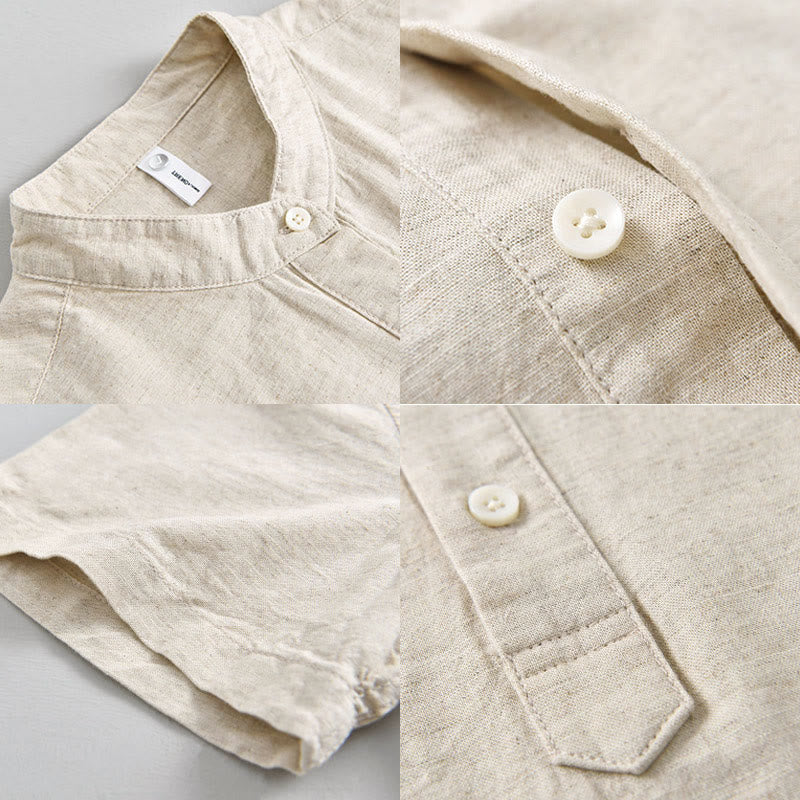 Camisa de manga corta de algodón y lino para hombre, color liso, con medio botón, estampado de Buddha Stones, verano. - image 3