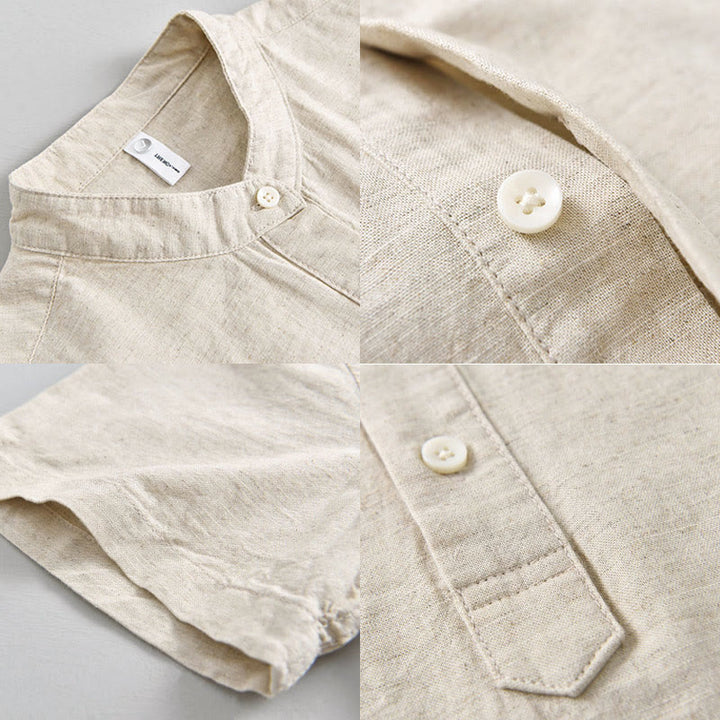 Camisa de manga corta de algodón y lino para hombre, color liso, con medio botón, estampado de Buddha Stones, verano. - image 3