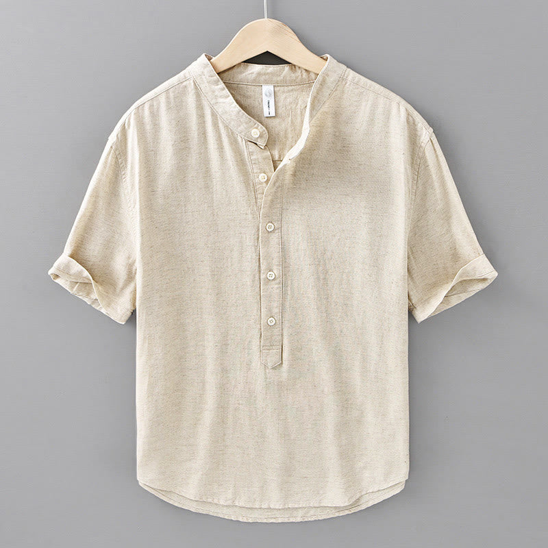 Camisa de manga corta de algodón y lino para hombre, color liso, con medio botón, estampado de Buddha Stones, verano. - Lino - US/UK/AU42, EU52 (3XL) - image 0