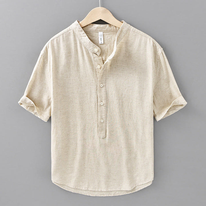 Camisa de manga corta de algodón y lino para hombre, color liso, con medio botón, estampado de Buddha Stones, verano. - Lino - US/UK/AU42, EU52 (3XL) - image 0