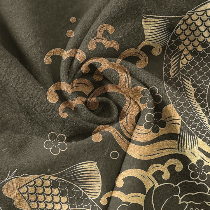 Buddha Stones Camisa de manga corta con medio botón y estampado de peonías y peces koi para hombre, de algodón. - image 4