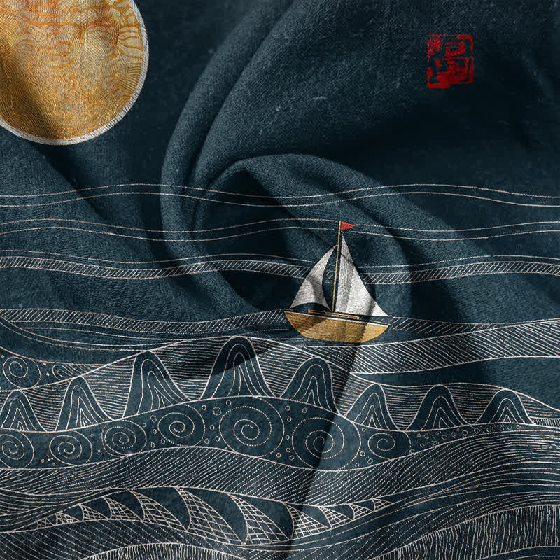 Buddha Stones Camisa de manga corta con medio botón para hombre, de algodón, con estampado de veleros y olas del océano. - image 4