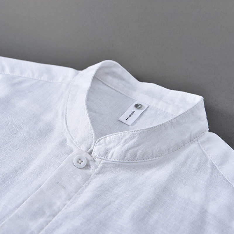 Buddha Stones Camisa de manga larga para hombre, estilo casual de primavera, con cuello mandarín y botones, de algodón y lino liso. - image 18