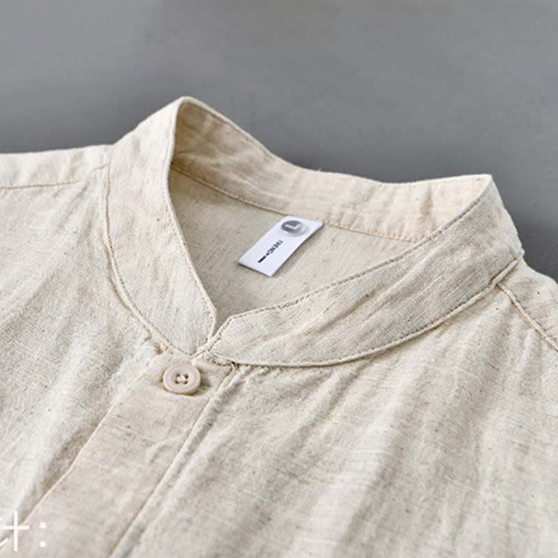 Buddha Stones Camisa de manga larga para hombre, estilo casual de primavera, con cuello mandarín y botones, de algodón y lino liso. - image 4