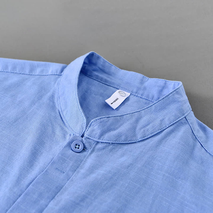 Buddha Stones Camisa de manga larga para hombre, estilo casual de primavera, con cuello mandarín y botones, de algodón y lino liso. - image 14