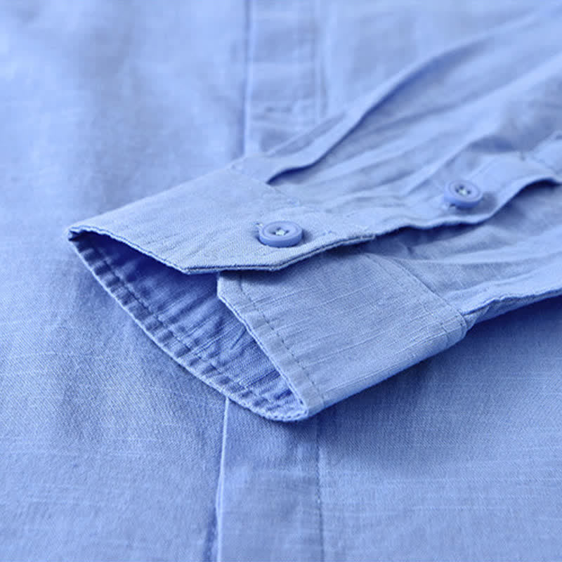 Buddha Stones Camisa de manga larga para hombre, estilo casual de primavera, con cuello mandarín y botones, de algodón y lino liso. - image 16