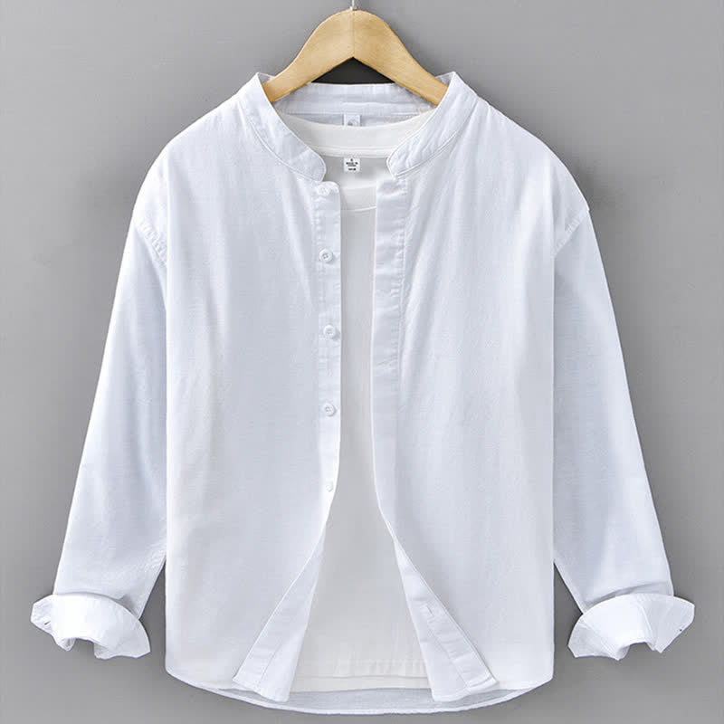 Buddha Stones Camisa de manga larga para hombre, estilo casual de primavera, con cuello mandarín y botones, de algodón y lino liso. - Blanco - US/UK/AU42, EU52 (3XL) - image 17