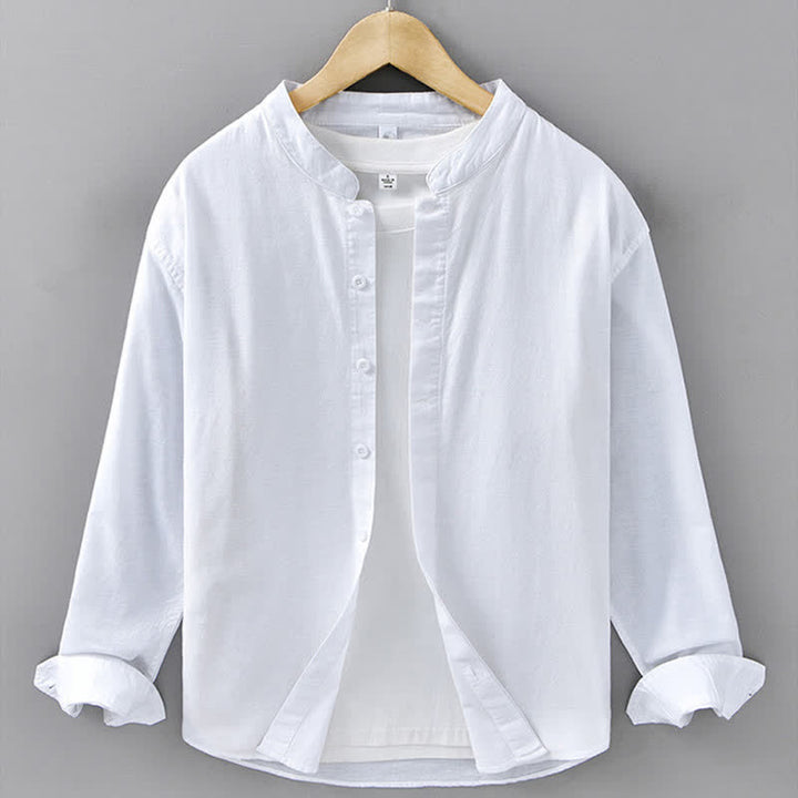Buddha Stones Camisa de manga larga para hombre, estilo casual de primavera, con cuello mandarín y botones, de algodón y lino liso. - Blanco - US/UK/AU42, EU52 (3XL) - image 17