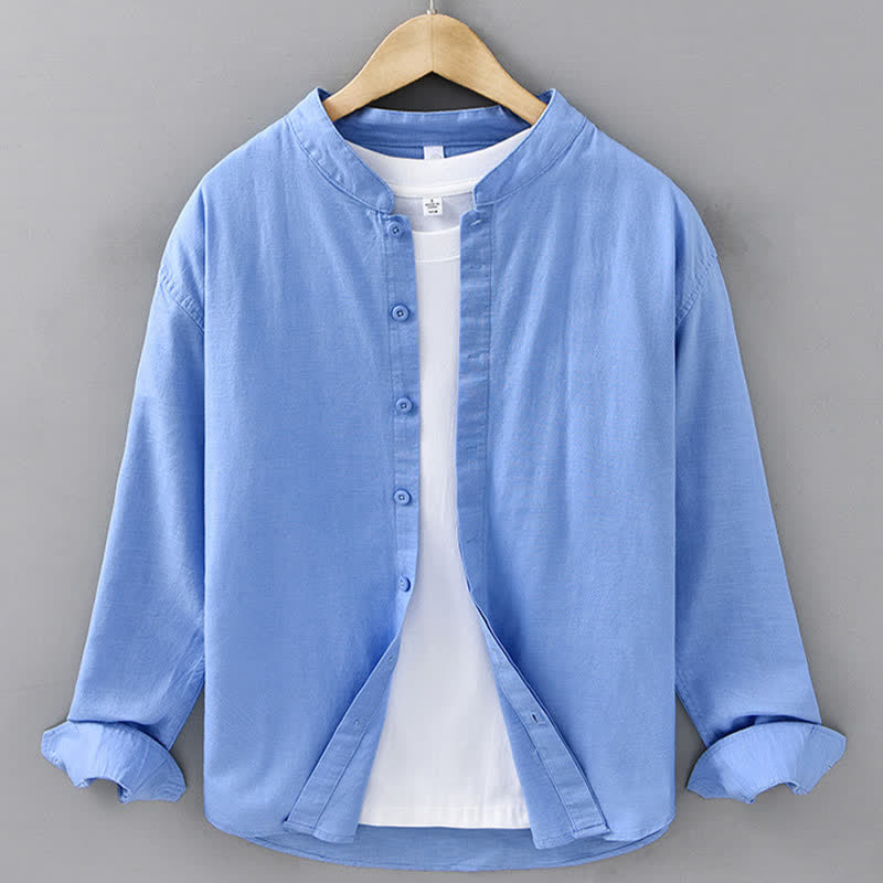 Buddha Stones Camisa de manga larga para hombre, estilo casual de primavera, con cuello mandarín y botones, de algodón y lino liso. - Azul aciano - US/UK/AU42, EU52 (3XL) - image 13