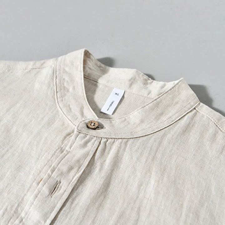 Buddha Stones Camisas de manga larga de lino liso para hombre, estilo casual de primavera, con cuello mandarín y bolsillo de parche. - image 4