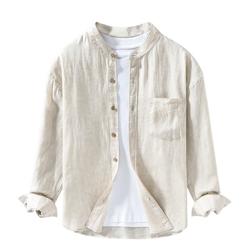 Buddha Stones Camisas de manga larga de lino liso para hombre, estilo casual de primavera, con cuello mandarín y bolsillo de parche. - image 2