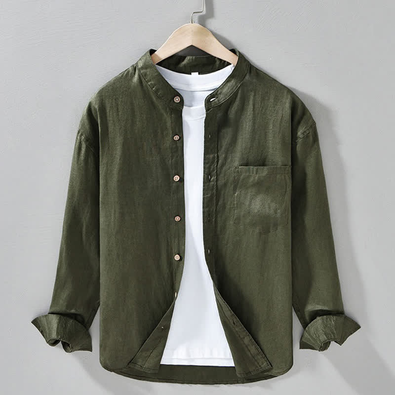 Buddha Stones Camisas de manga larga de lino liso para hombre, estilo casual de primavera, con cuello mandarín y bolsillo de parche. - Verde oliva oscuro - US/UK/AU42, EU52 (3XL) - image 17