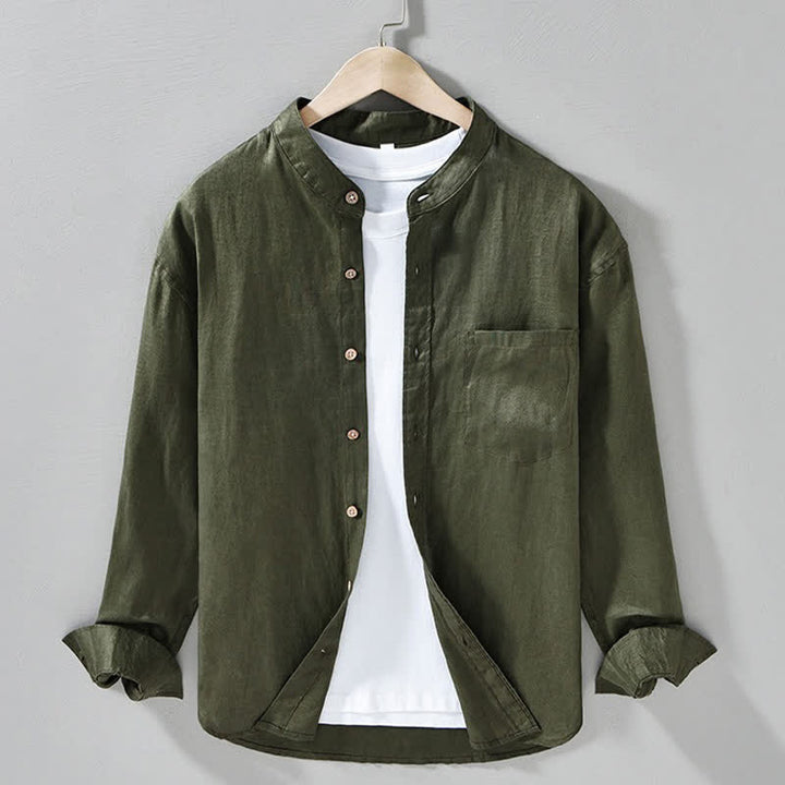 Buddha Stones Camisas de manga larga de lino liso para hombre, estilo casual de primavera, con cuello mandarín y bolsillo de parche. - Verde oliva oscuro - US/UK/AU42, EU52 (3XL) - image 17