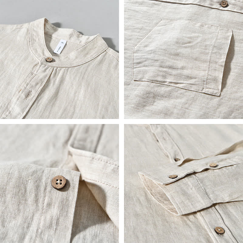 Buddha Stones Camisas de manga larga de lino liso para hombre, estilo casual de primavera, con cuello mandarín y bolsillo de parche. - image 3