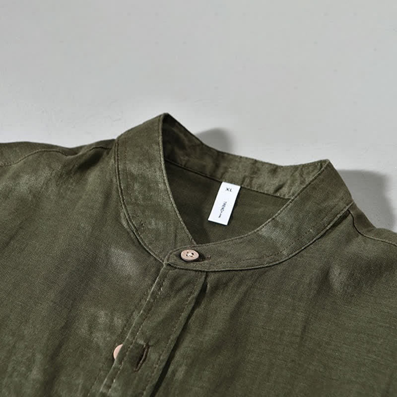 Buddha Stones Camisas de manga larga de lino liso para hombre, estilo casual de primavera, con cuello mandarín y bolsillo de parche. - image 18