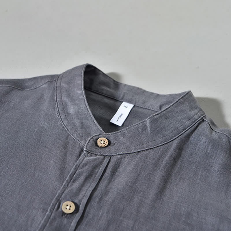 Buddha Stones Camisas de manga larga de lino liso para hombre, estilo casual de primavera, con cuello mandarín y bolsillo de parche. - image 14
