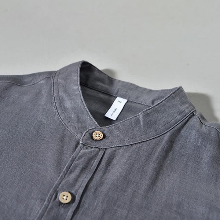 Buddha Stones Camisas de manga larga de lino liso para hombre, estilo casual de primavera, con cuello mandarín y bolsillo de parche. - image 14