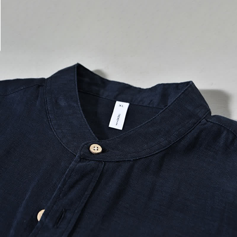 Buddha Stones Camisas de manga larga de lino liso para hombre, estilo casual de primavera, con cuello mandarín y bolsillo de parche. - image 10