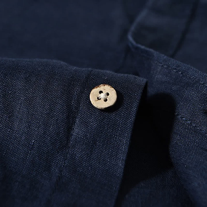 Buddha Stones Camisas de manga larga de lino liso para hombre, estilo casual de primavera, con cuello mandarín y bolsillo de parche. - image 11