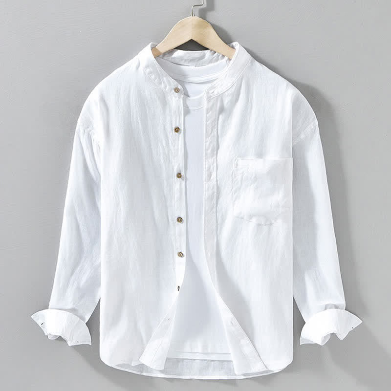 Buddha Stones Camisas de manga larga de lino liso para hombre, estilo casual de primavera, con cuello mandarín y bolsillo de parche. - Blanco - US/UK/AU42, EU52 (3XL) - image 21