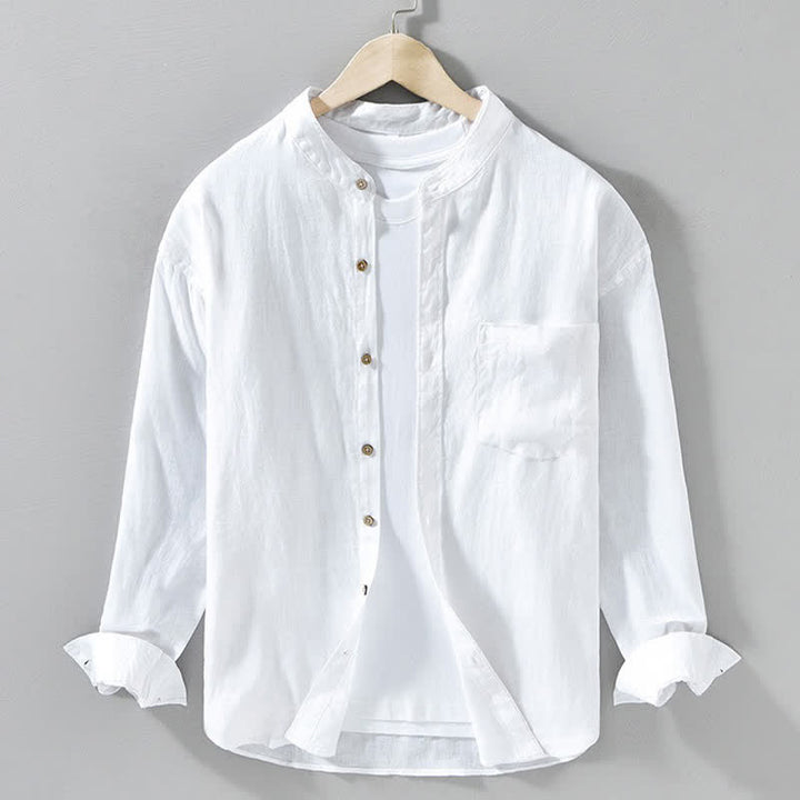 Buddha Stones Camisas de manga larga de lino liso para hombre, estilo casual de primavera, con cuello mandarín y bolsillo de parche. - Blanco - US/UK/AU42, EU52 (3XL) - image 21