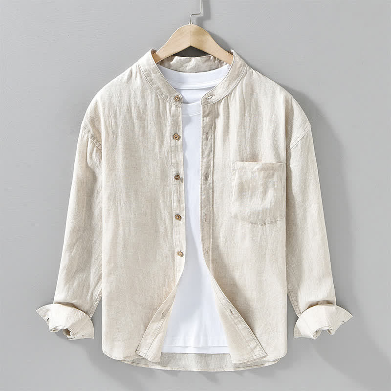 Buddha Stones Camisas de manga larga de lino liso para hombre, estilo casual de primavera, con cuello mandarín y bolsillo de parche. - Beige - US/UK/AU42, EU52 (3XL) - image 0
