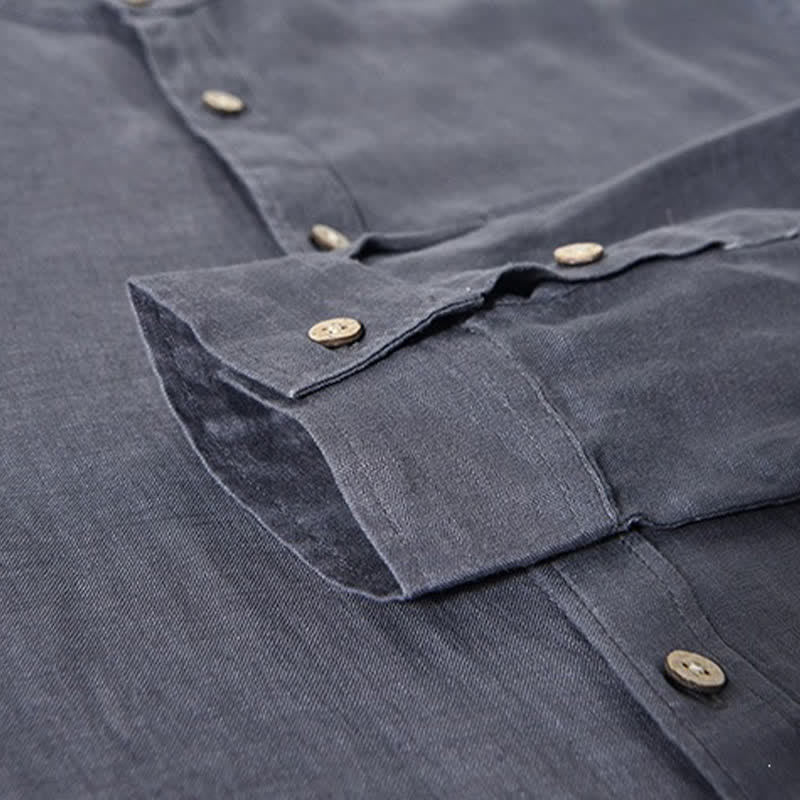 Buddha Stones Camisas de manga larga de lino liso para hombre, estilo casual de primavera, con cuello mandarín y bolsillo de parche. - image 16