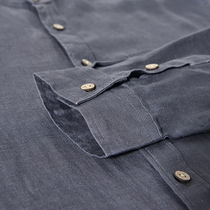 Buddha Stones Camisas de manga larga de lino liso para hombre, estilo casual de primavera, con cuello mandarín y bolsillo de parche. - image 16
