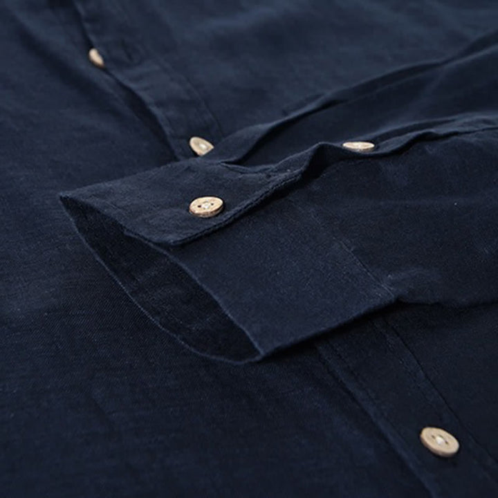 Buddha Stones Camisas de manga larga de lino liso para hombre, estilo casual de primavera, con cuello mandarín y bolsillo de parche. - image 12