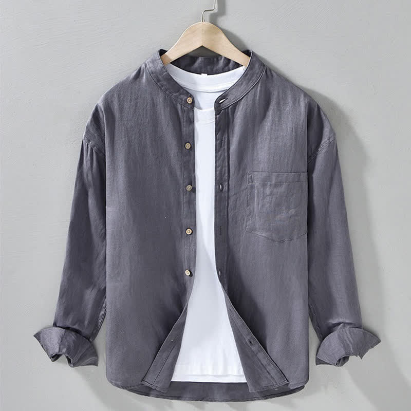 Buddha Stones Camisas de manga larga de lino liso para hombre, estilo casual de primavera, con cuello mandarín y bolsillo de parche. - Gris pizarra - US/UK/AU42, EU52 (3XL) - image 13