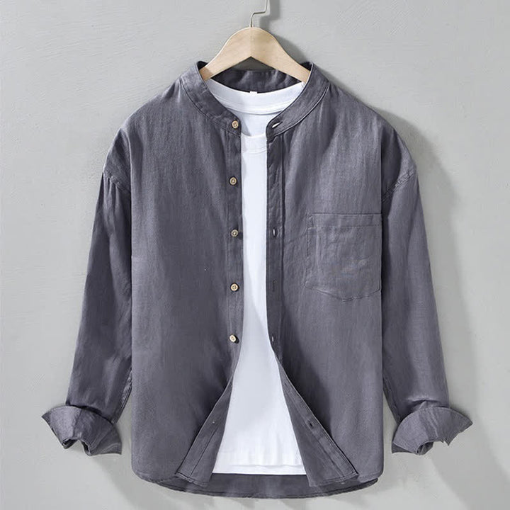 Buddha Stones Camisas de manga larga de lino liso para hombre, estilo casual de primavera, con cuello mandarín y bolsillo de parche. - Gris pizarra - US/UK/AU42, EU52 (3XL) - image 13