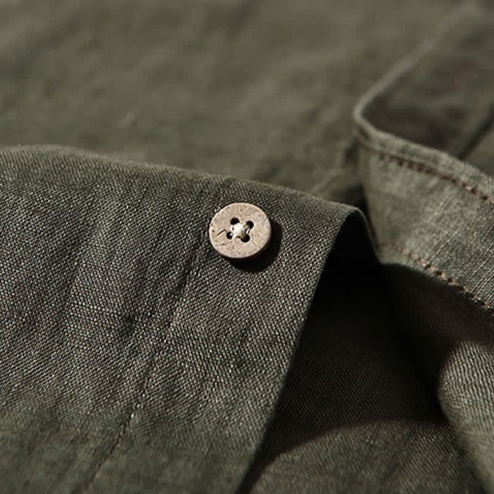 Buddha Stones Camisas de manga larga de lino liso para hombre, estilo casual de primavera, con cuello mandarín y bolsillo de parche. - image 19