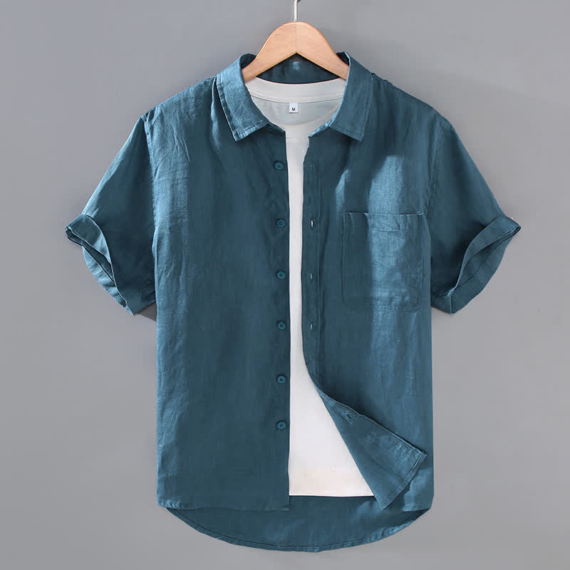 Buddha Stones Camisa de manga corta de lino liso para hombre, estilo casual de verano, con botones y bolsillo de parche. - Azul cadete - US/UK/AU42, EU52 (3XL) - image 10