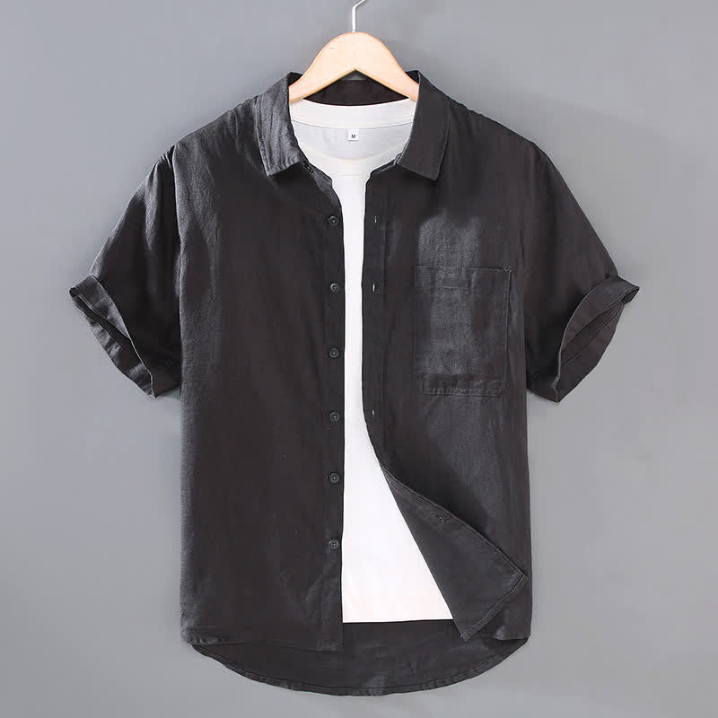 Buddha Stones Camisa de manga corta de lino liso para hombre, estilo casual de verano, con botones y bolsillo de parche. - Gris pizarra oscuro - US/UK/AU42, EU52 (3XL) - image 9