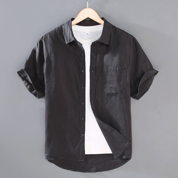 Buddha Stones Camisa de manga corta de lino liso para hombre, estilo casual de verano, con botones y bolsillo de parche. - Gris pizarra oscuro - US/UK/AU42, EU52 (3XL) - image 9
