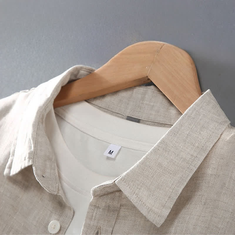 Buddha Stones Camisa de manga corta de lino liso para hombre, estilo casual de verano, con botones y bolsillo de parche. - image 2