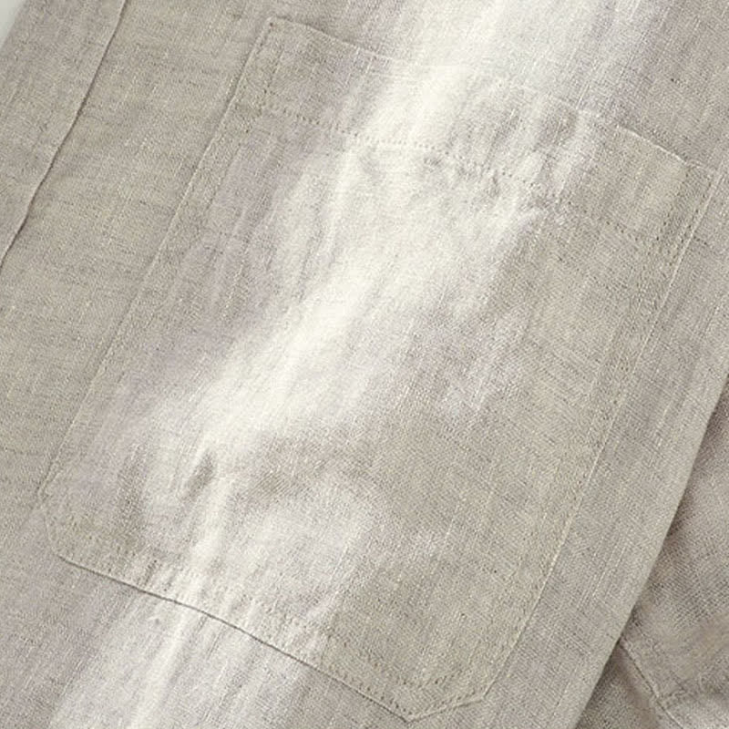 Buddha Stones Camisa de manga corta de lino liso para hombre, estilo casual de verano, con botones y bolsillo de parche. - image 5